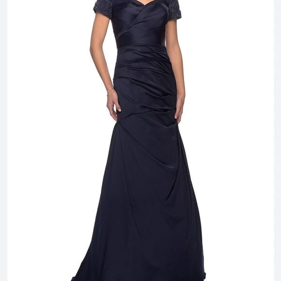 La Femme 25996 Navy Off the Shoulder Beaded Satin Trumpet Formal NWT Sz10 $599 - Picture 2 of 6